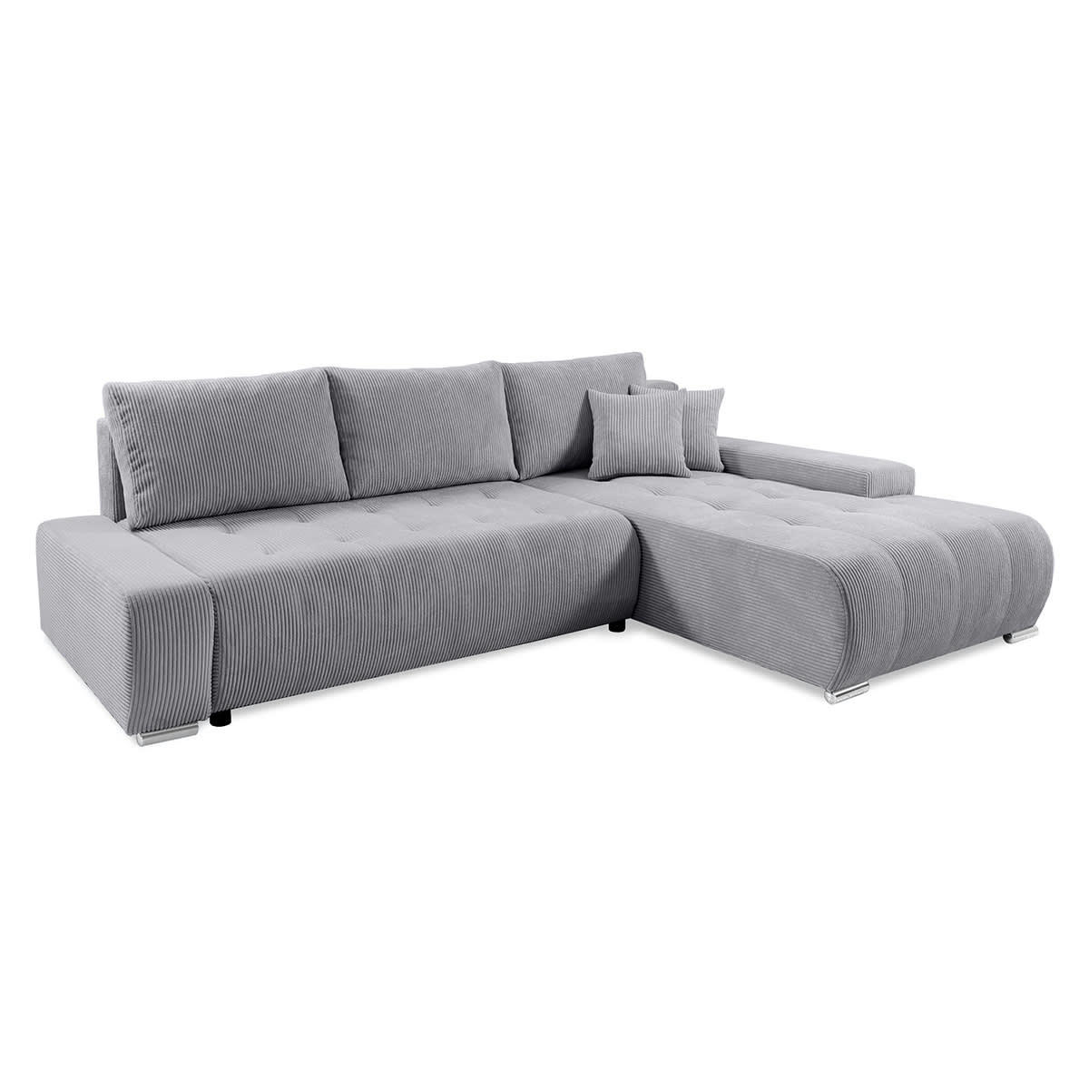 - Canapé d'angle convertible droit 4 places coffre velours côtelé gris