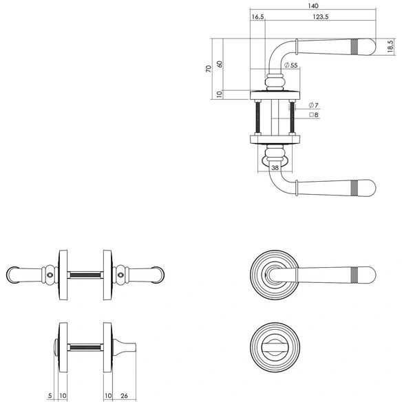 Türdrücker mit Rosette »Helena«, D.55x10mm WC 8mm Stift