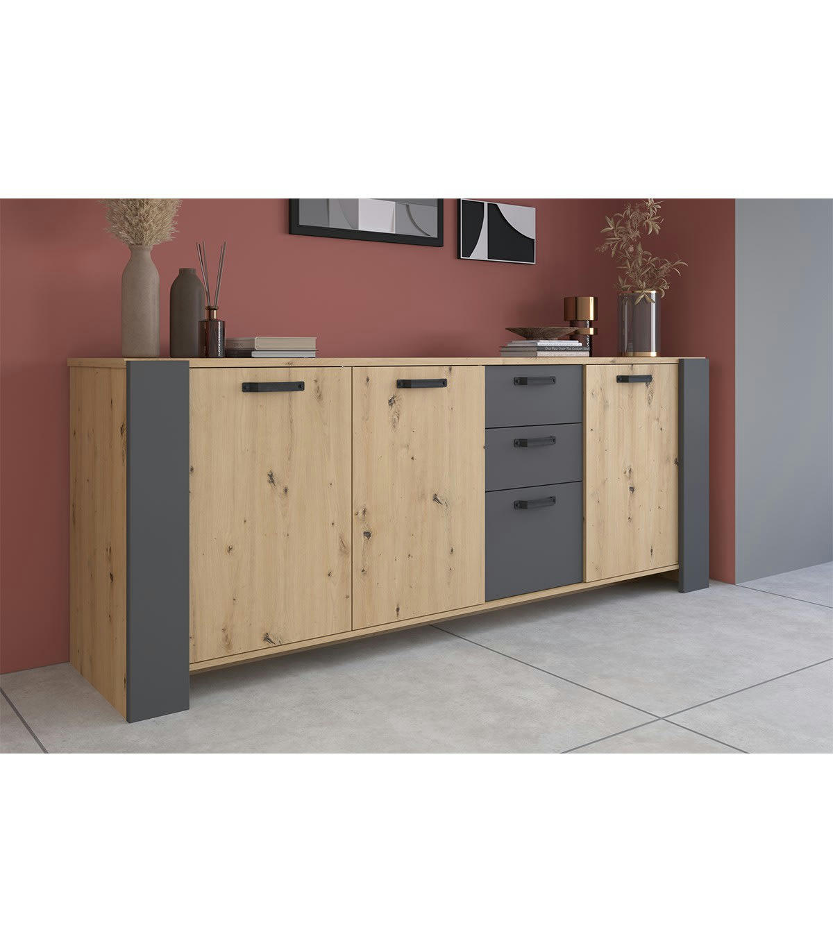 TRAVIS - Buffet 3 portes et 3 tiroirs effet bois L220 x H87 cm