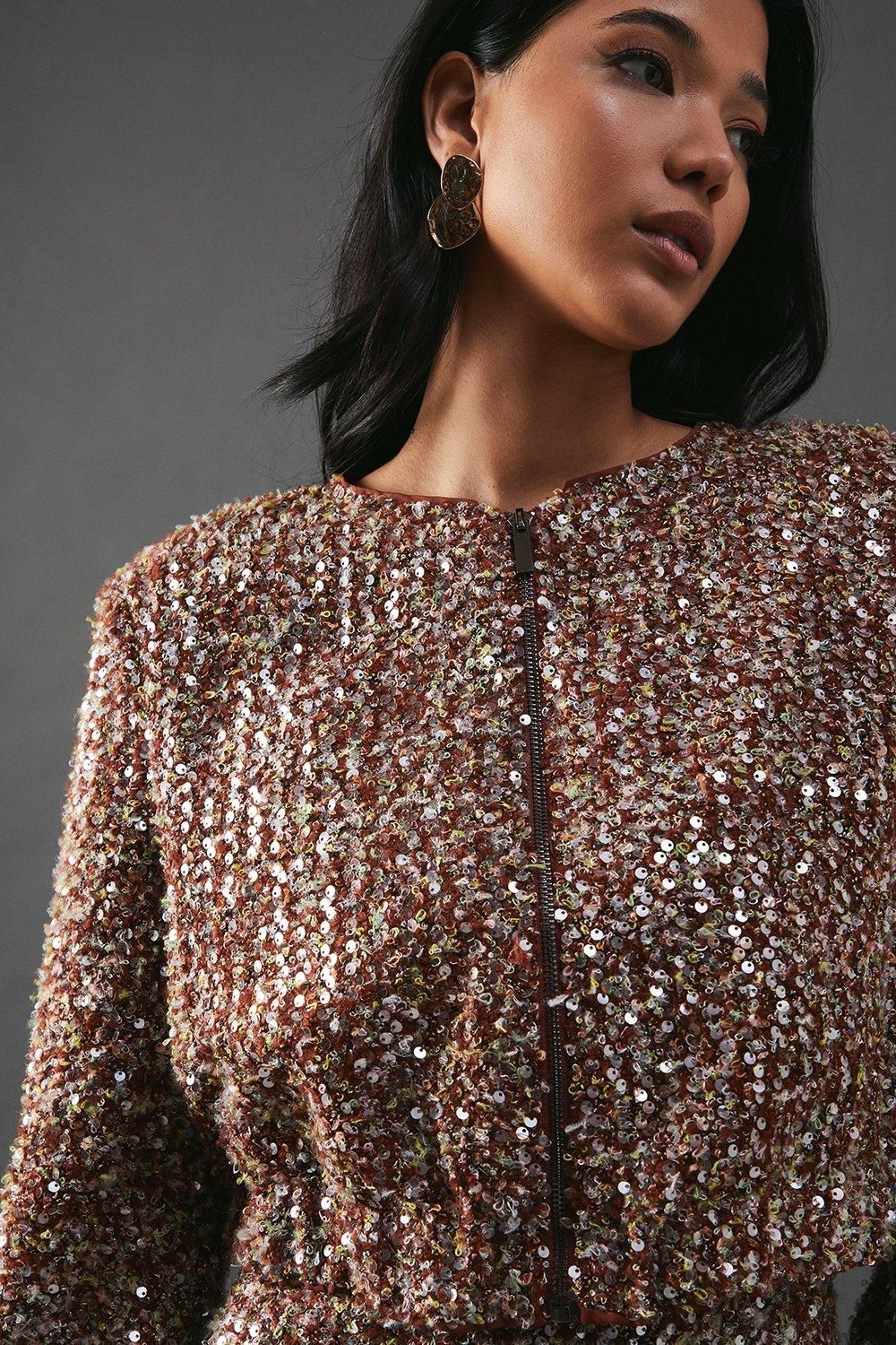 Warehouse Sequin Boucle Cardigan Bomber Jacket