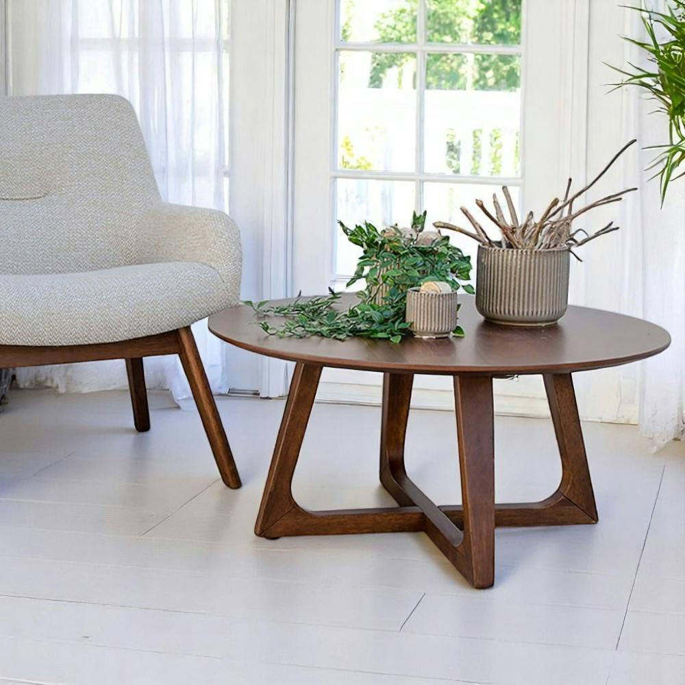 Table basse ronde vintage placage noyer LILLEHAMMER