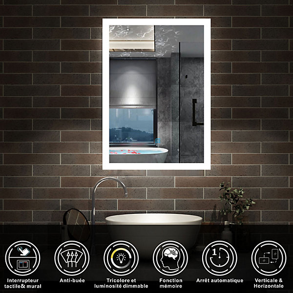 Miroirde salle de bain 50x70cm LED tricolore anti-buée   mémoire   dimmable, AICA SANITAIRE