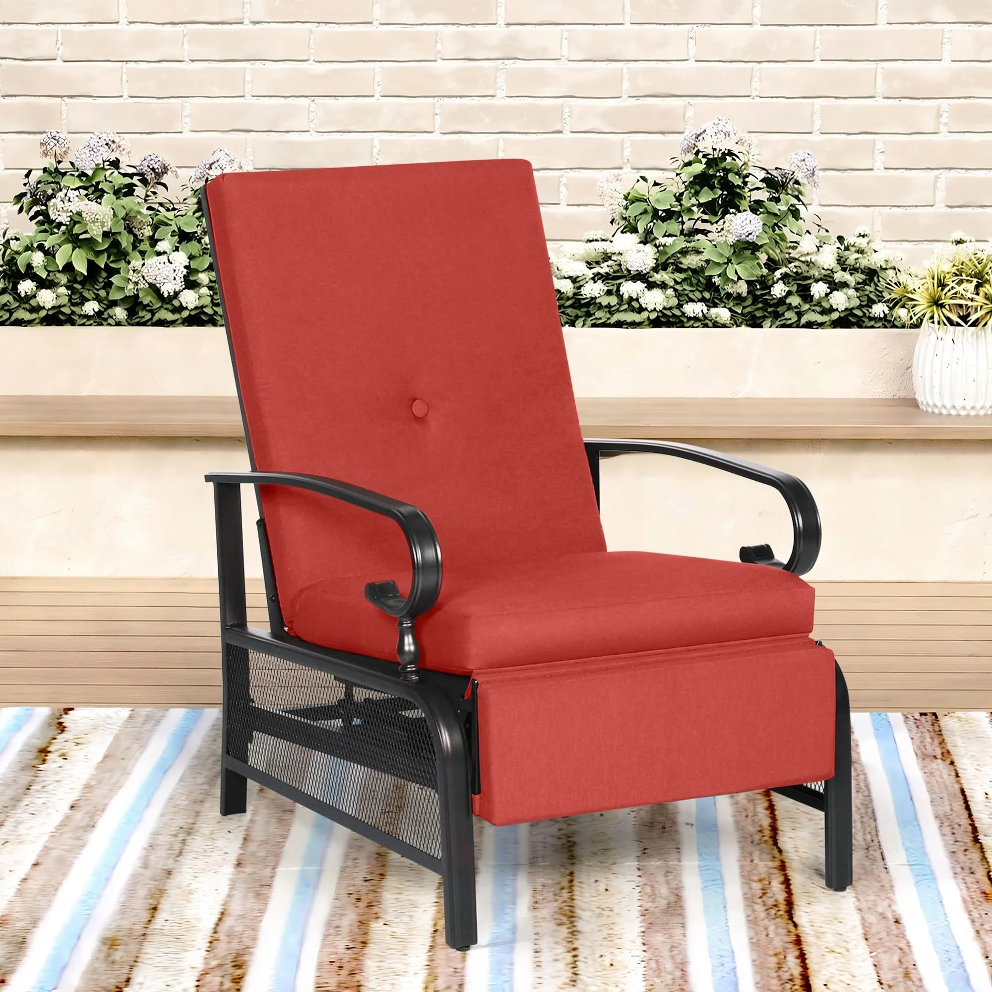 Outdoor Metal Patio Adjustable Recliner Lounge Chair & Bistro Table Set, Retractable Steel Frame and Removable Thick Cushion