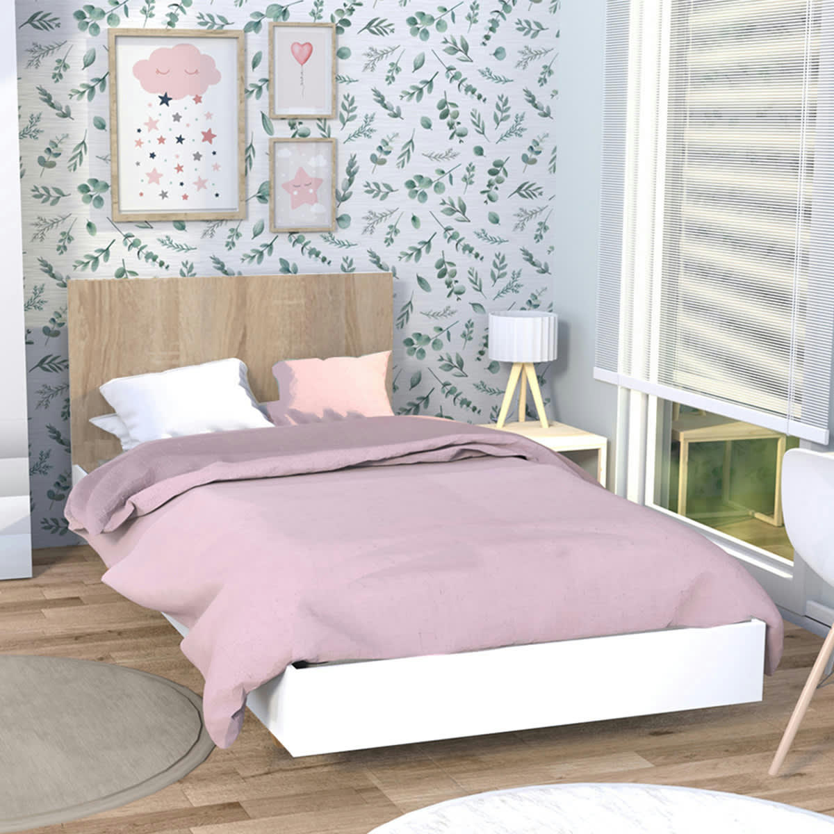 - Lit 90x190 sommier inclus cora blanc et naturel blanchi