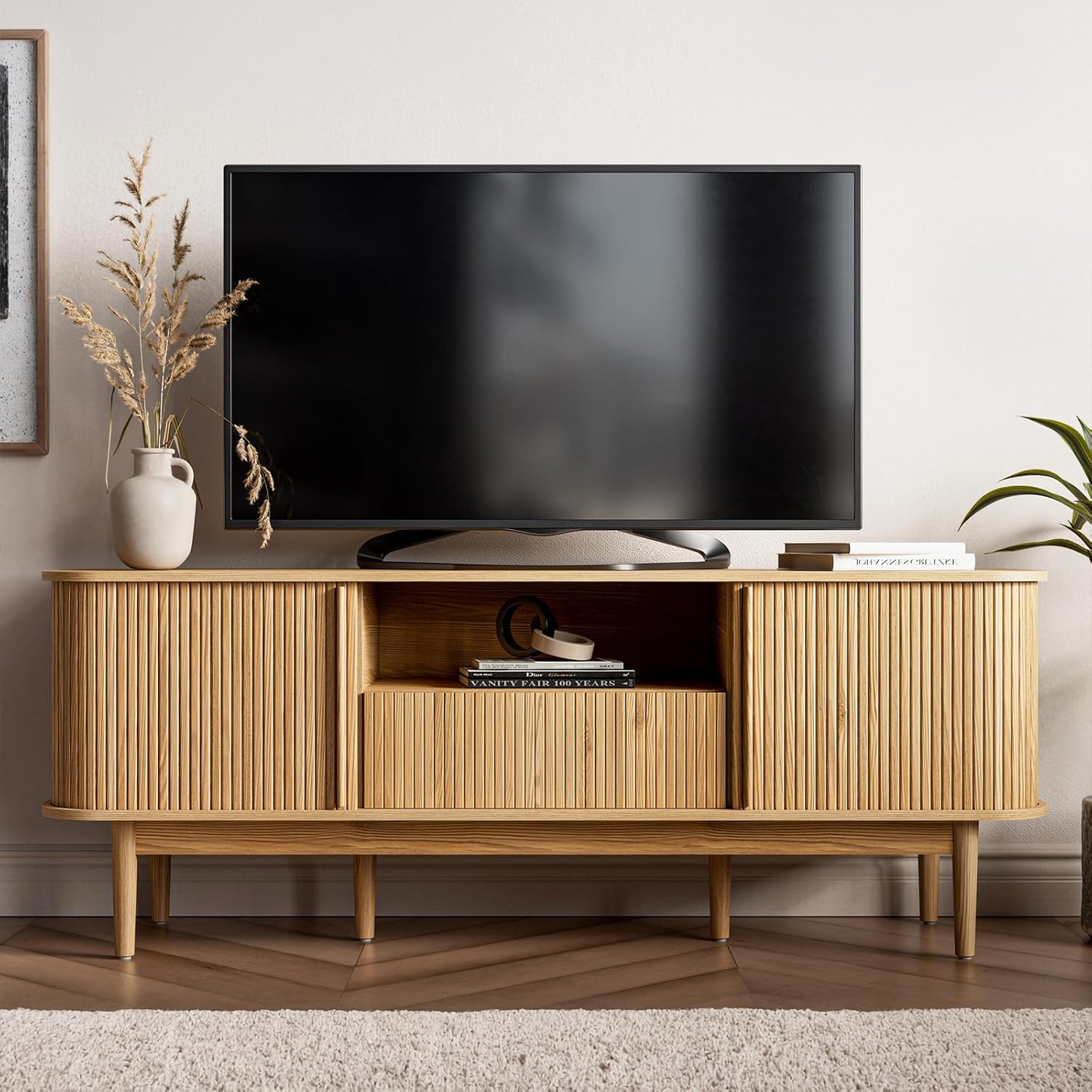 63 Tambour TV Stand, Fluted TV Stand for TVs up to 70'', Modern Entertainment Center with Storage, Wood Media Console with Sliding Doors for Living Room, Natural