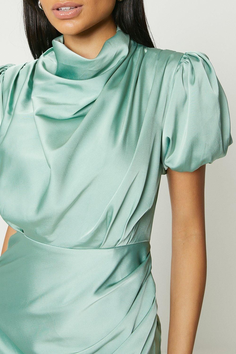 Debut London Debut London by Coast Puff Sleeve Satin Cowl Neck Maxi Dress