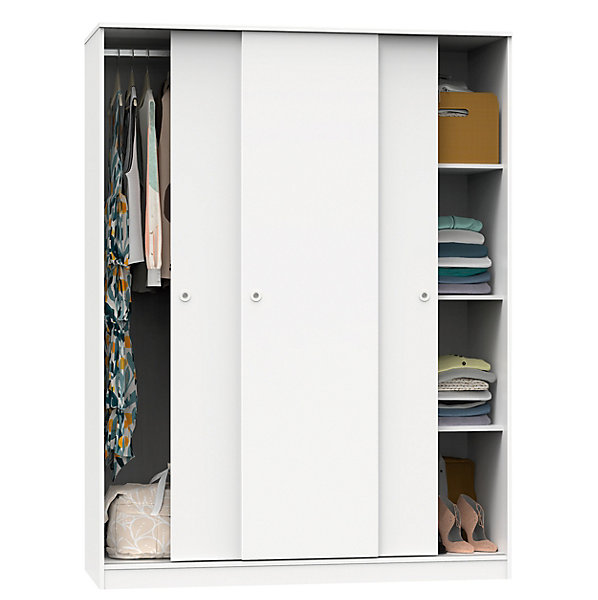Armoire avec 3 portes coulissantes coloris blanc - Hauteur 200 x Longueur 150 x Profondeur 55 cm