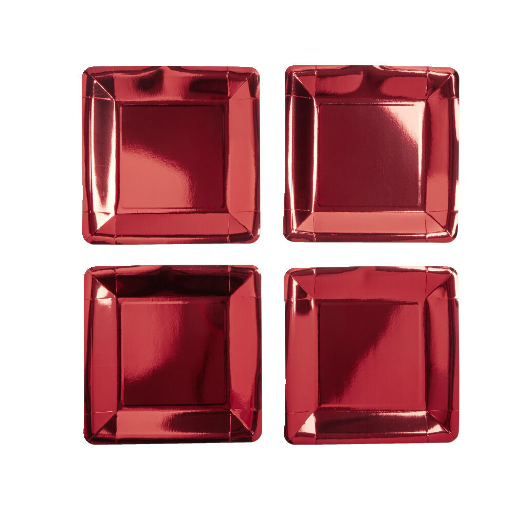 Plateau de présentation carré x4 en carton métallisé rouge 23x23cm