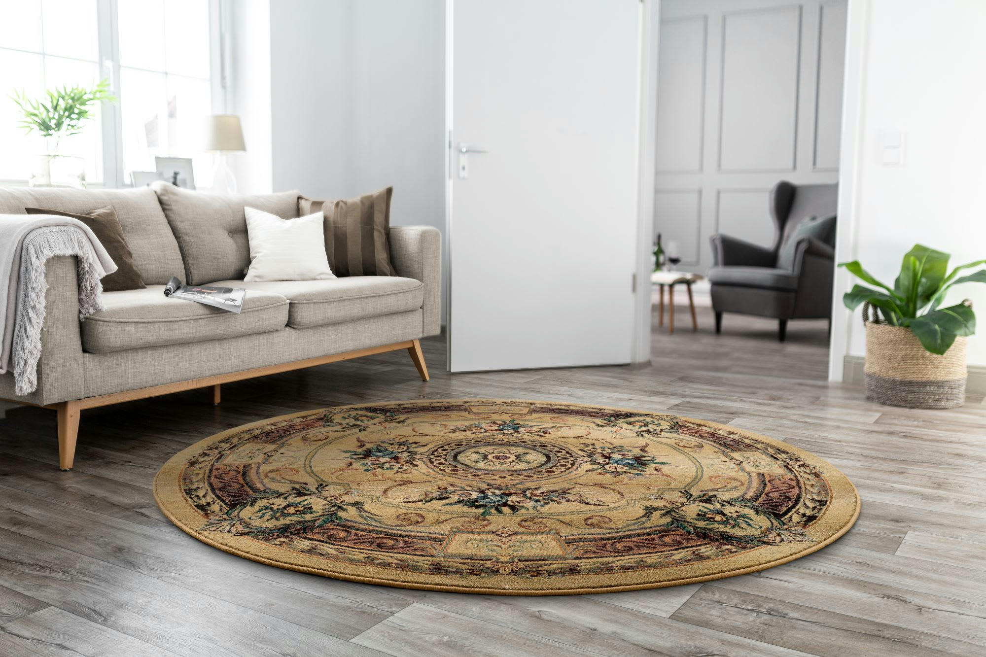 GABIRO - Tapis d'orient aubusson tissé machine - Beige D150 cm