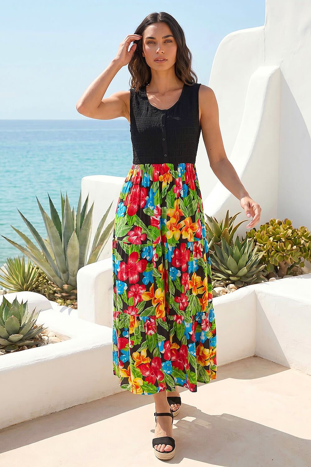 Roman Floral Button Front Midi Dress