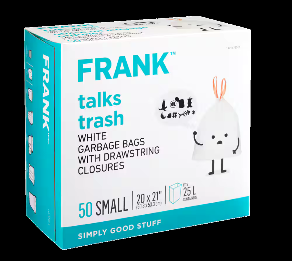 FRANK Small Drawstring Unscented Garbage Bags, 50-pk, White, 25-L