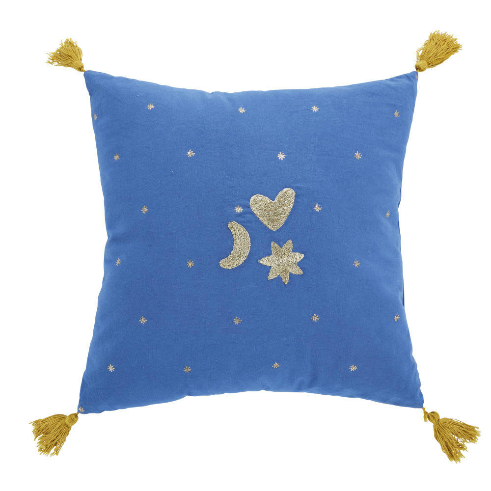 - Coussin imprimé étoile et broderie bleues et dorée, 35x35