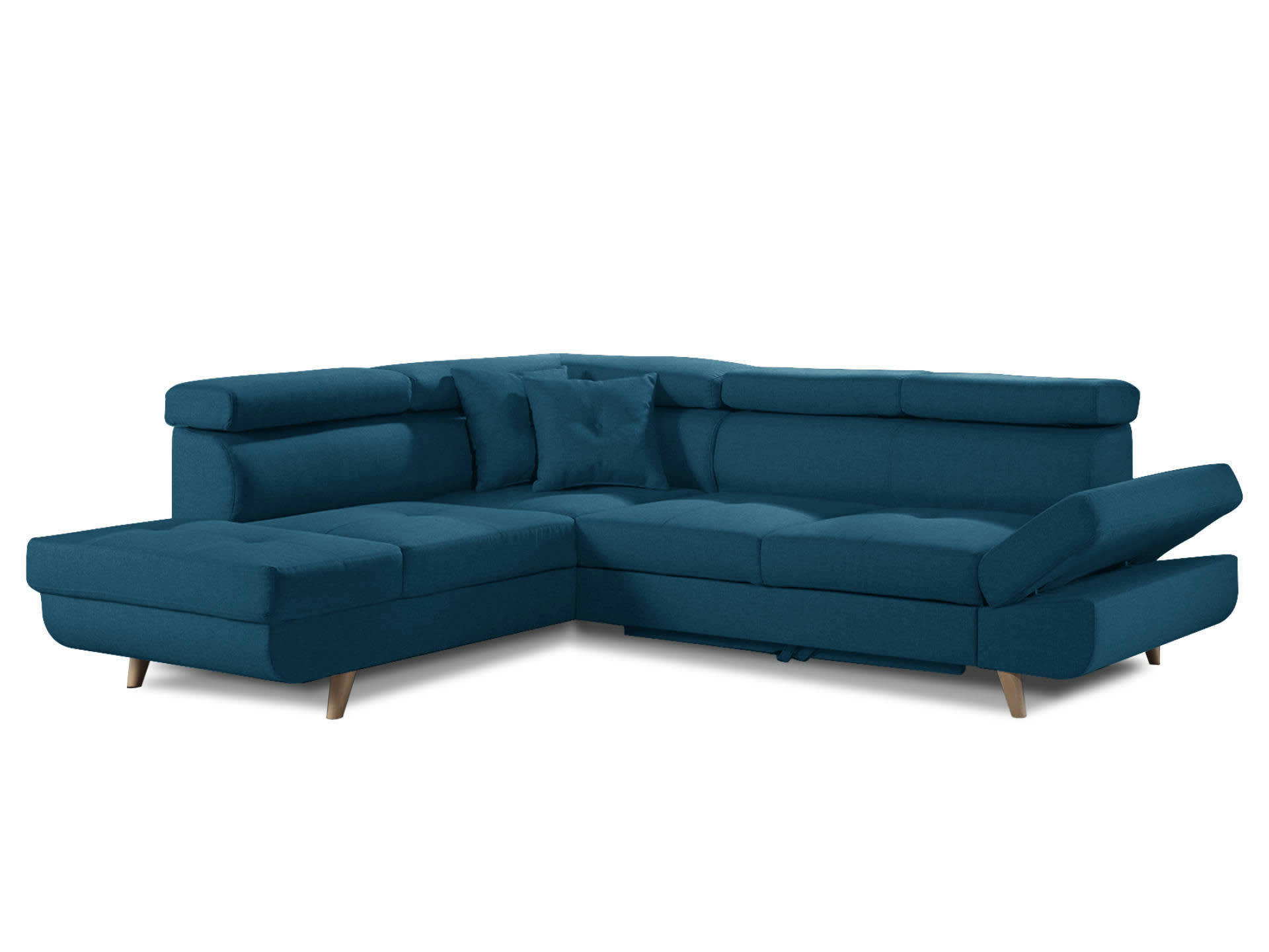 LINEA - Canapé d'angle gauche convertible 5 places en tissu bleu canard