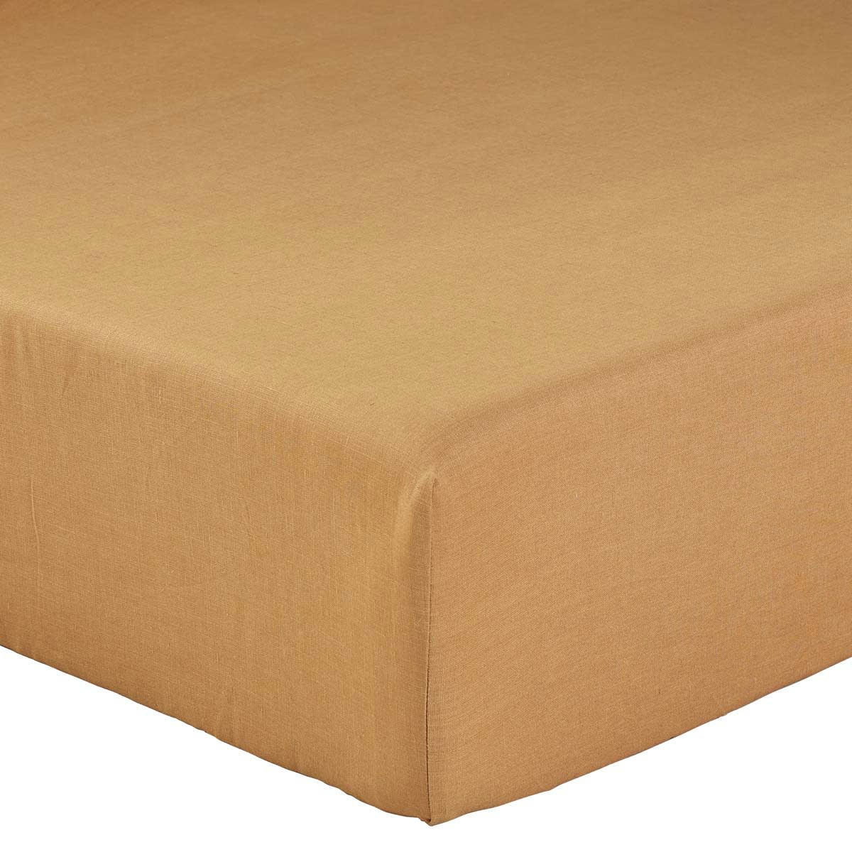 LIN BLÉ - Drap housse uni en lin beige foncé 180x200