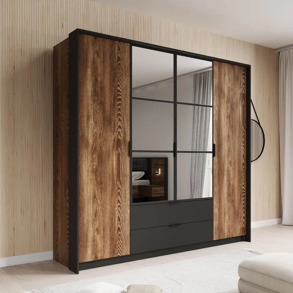 Meubella - Kledingkast Mulvey - Eiken - Antraciet - 220 cm - Met spiegel