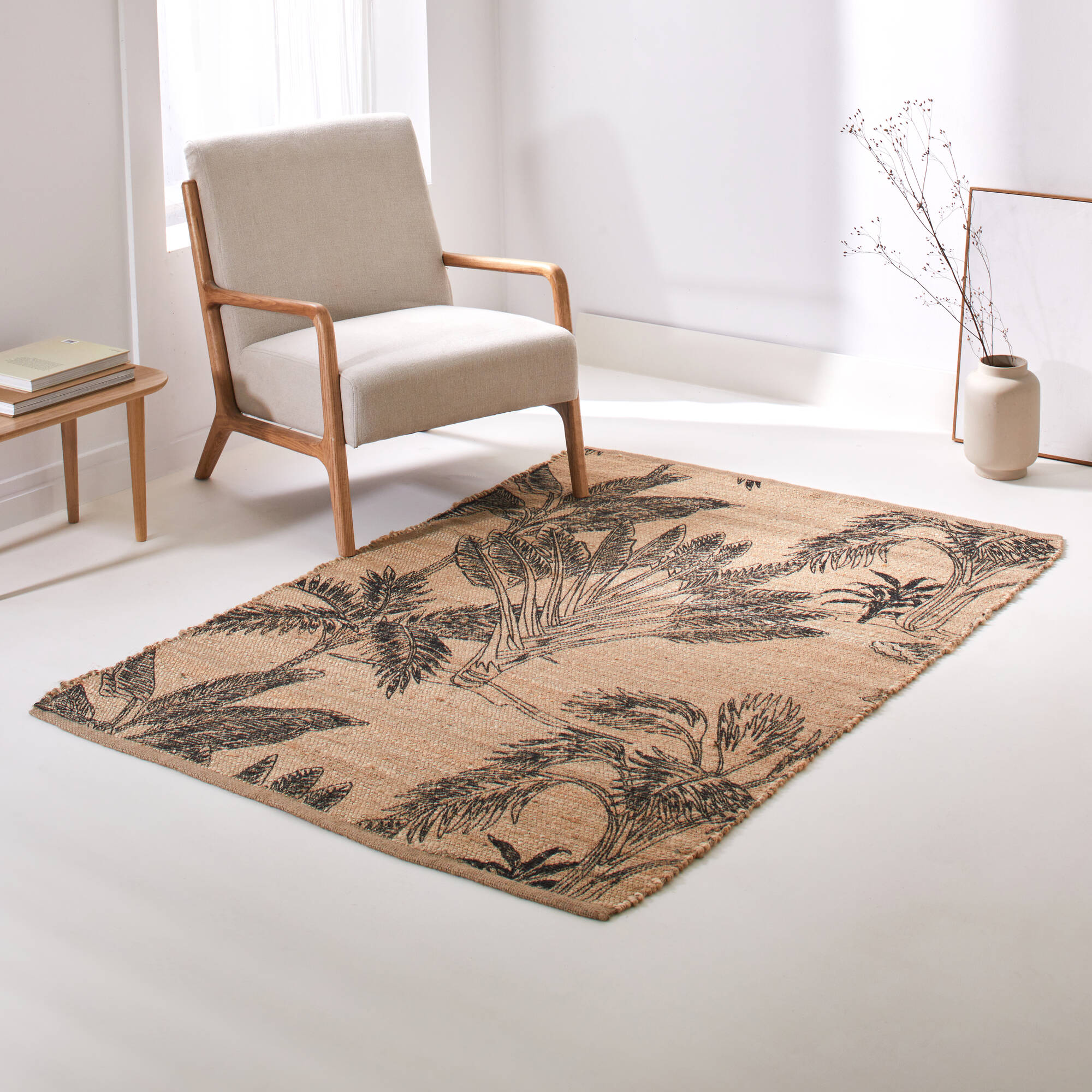 Tapis rectangulaire en jute, motif végétal
