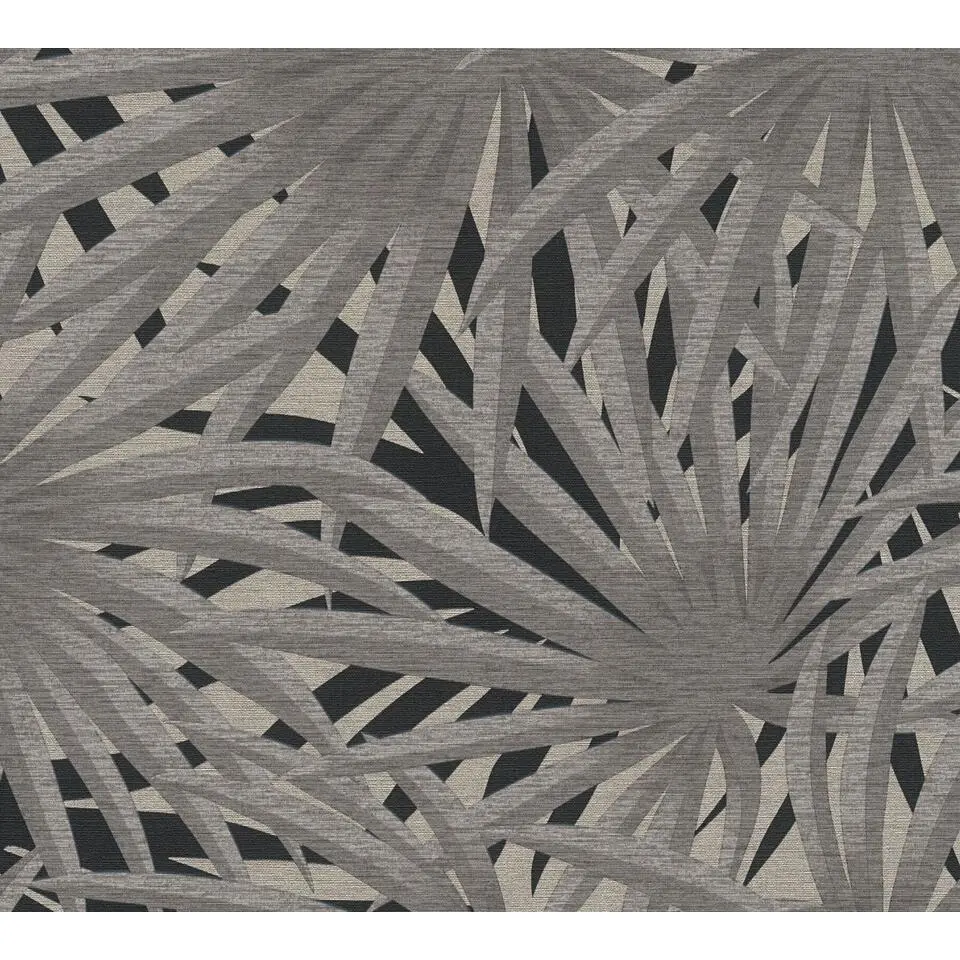 Livingwalls behang tropische bladeren grijs en zwart - 53 cm x 10.05 m