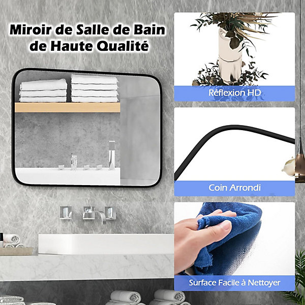Miroir de Maquillage avec Cadre en Aluminiu Noir Miroir Salle de Bain Rectangulaire Arrondi Verre Trempé Incassable