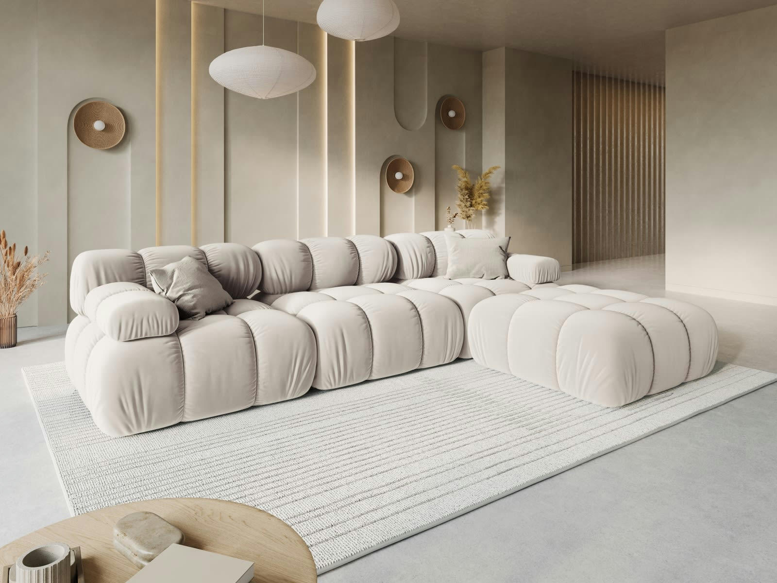 BELLIS - Canapé modulable 3 places en tissu velours beige clair