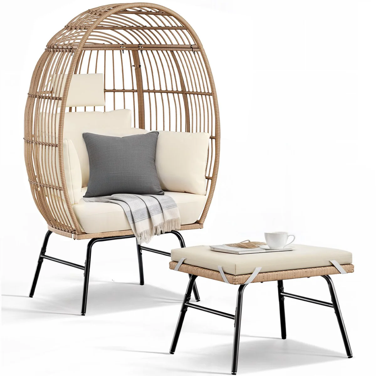 Moasis Outdoor Egg Chair with Ottoman,Patio Wicker Basket Chair with Stand and Cushion