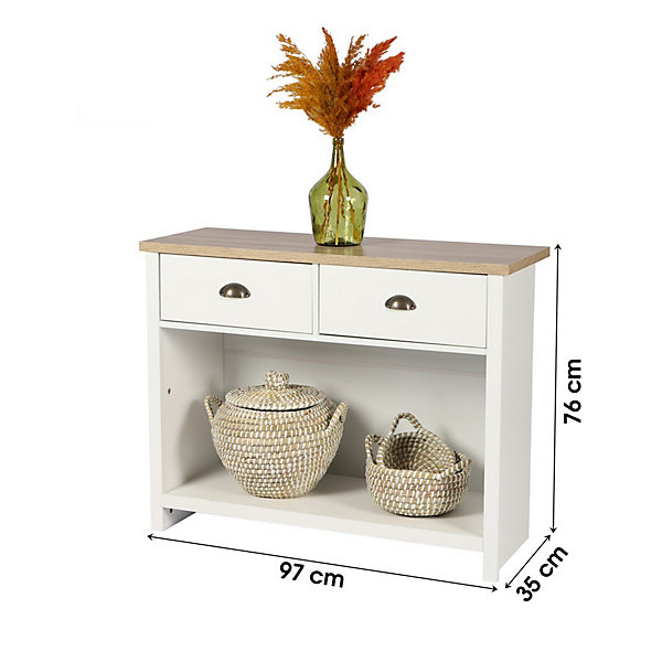 Console avec 1 étagère et 2 tiroirs design colonial97x35xH76 cm, coloris blanc et plateau chene clairCollection MADERA