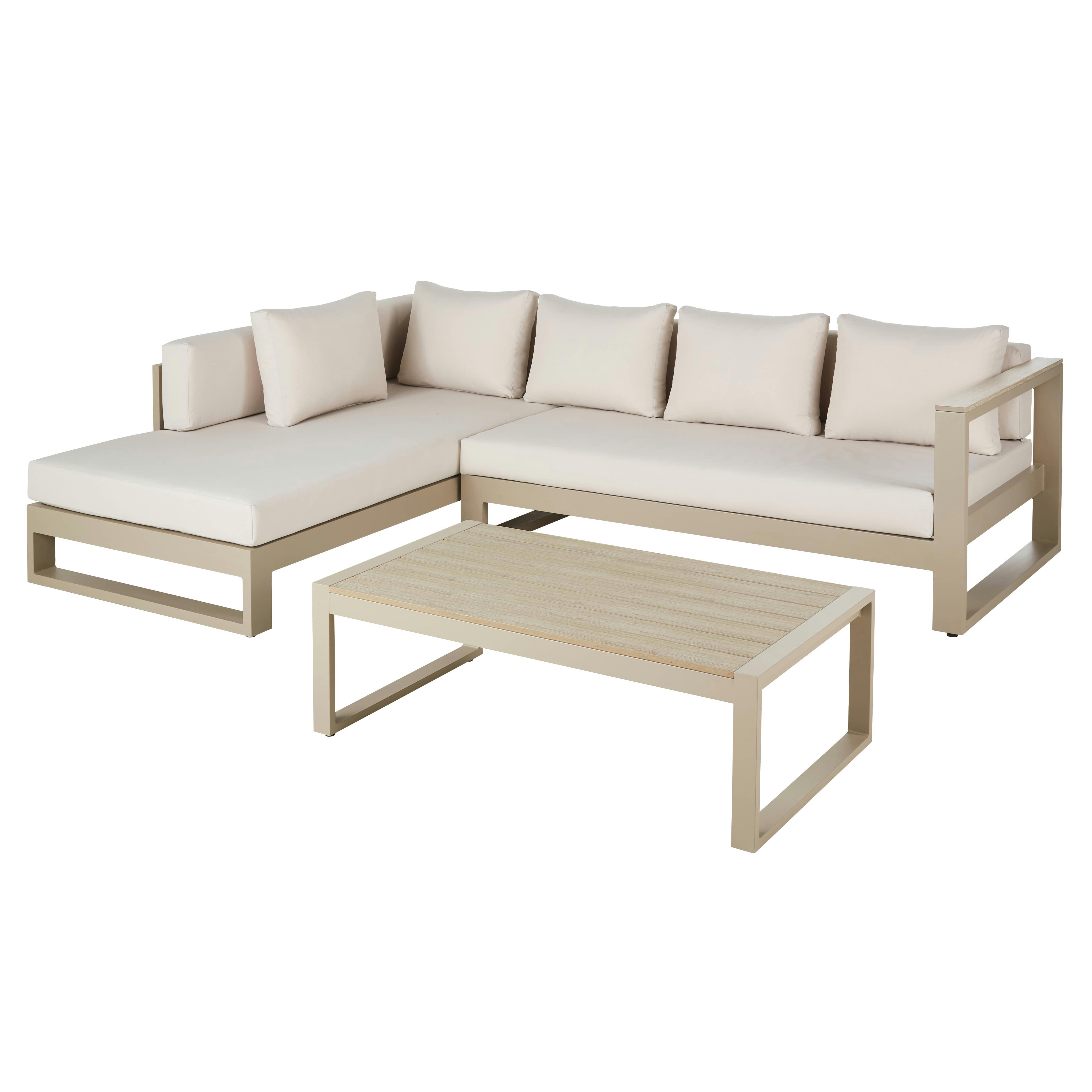 Thetis - Ensemble canapé d'angle de jardin 4/5 places et table basse en aluminium taupe et écru