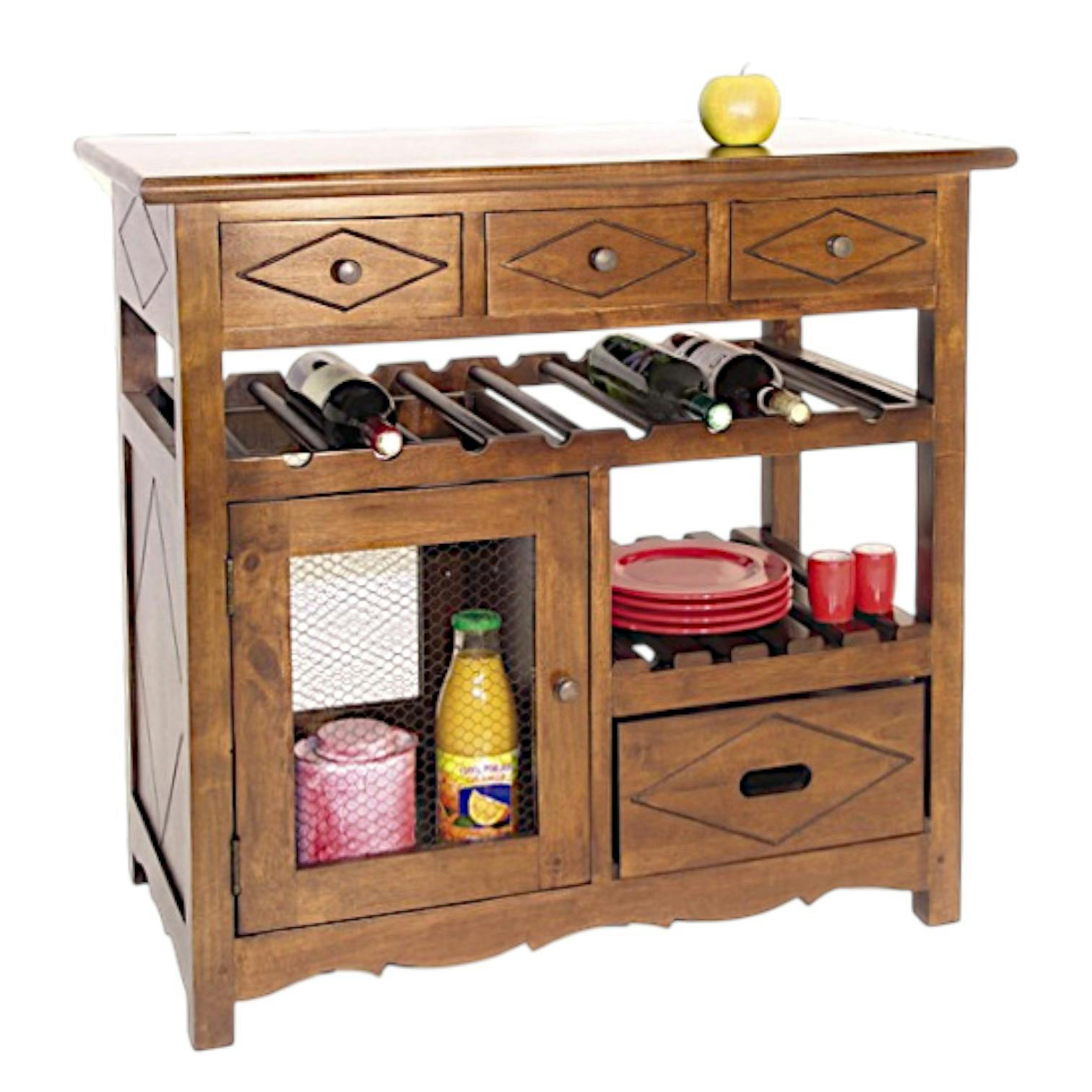 Meuble de cuisine Hévéa 4 tiroirs, 1 porte grillagée, 1 étagère, 1 rack à bouteilles 88,2x50x84cm TRADITION
