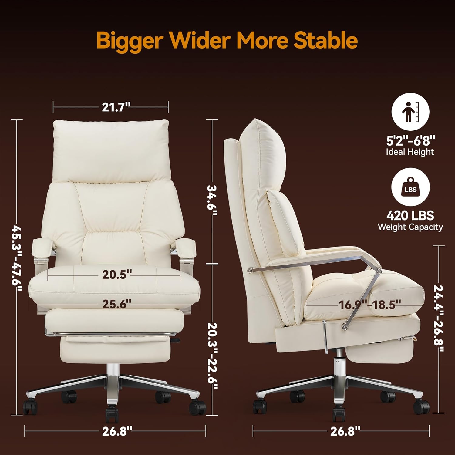 M76 160° Reclining Office Chair with Footrest, 10 Thick Cloud Cushion Executive Desk Chair, Extra Wide Cross-Legged Ergonomic Chair for Big and Tall, Adjustable Seat Depth, Easy Assembly, Cream