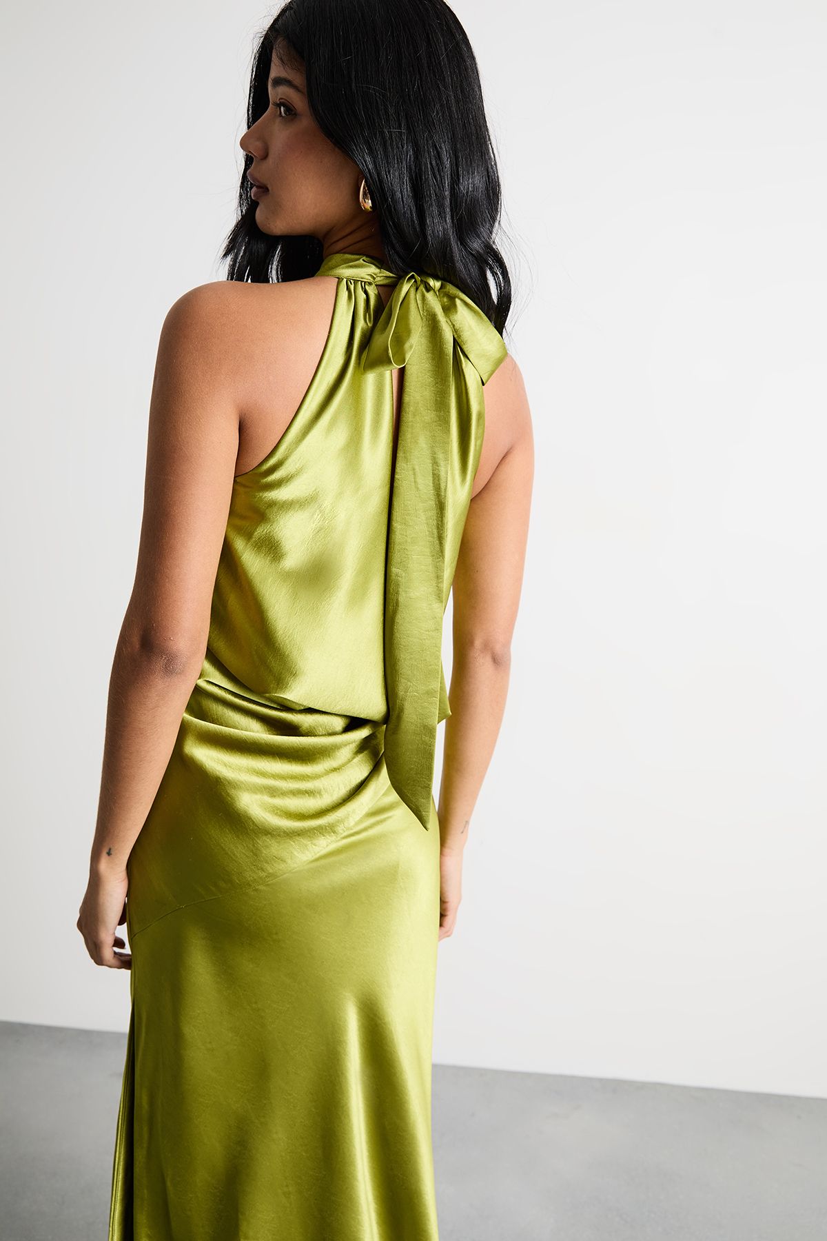 Warehouse Satin Tie Neck Cowl Front Maxi Dress