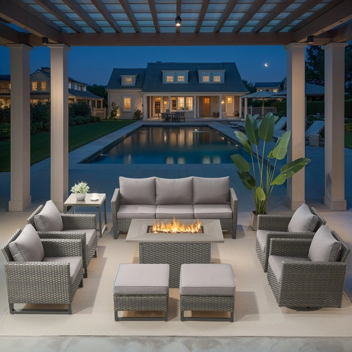 Outdoor Swivel Chairs Sofa Chair Set with Fire Pit Table