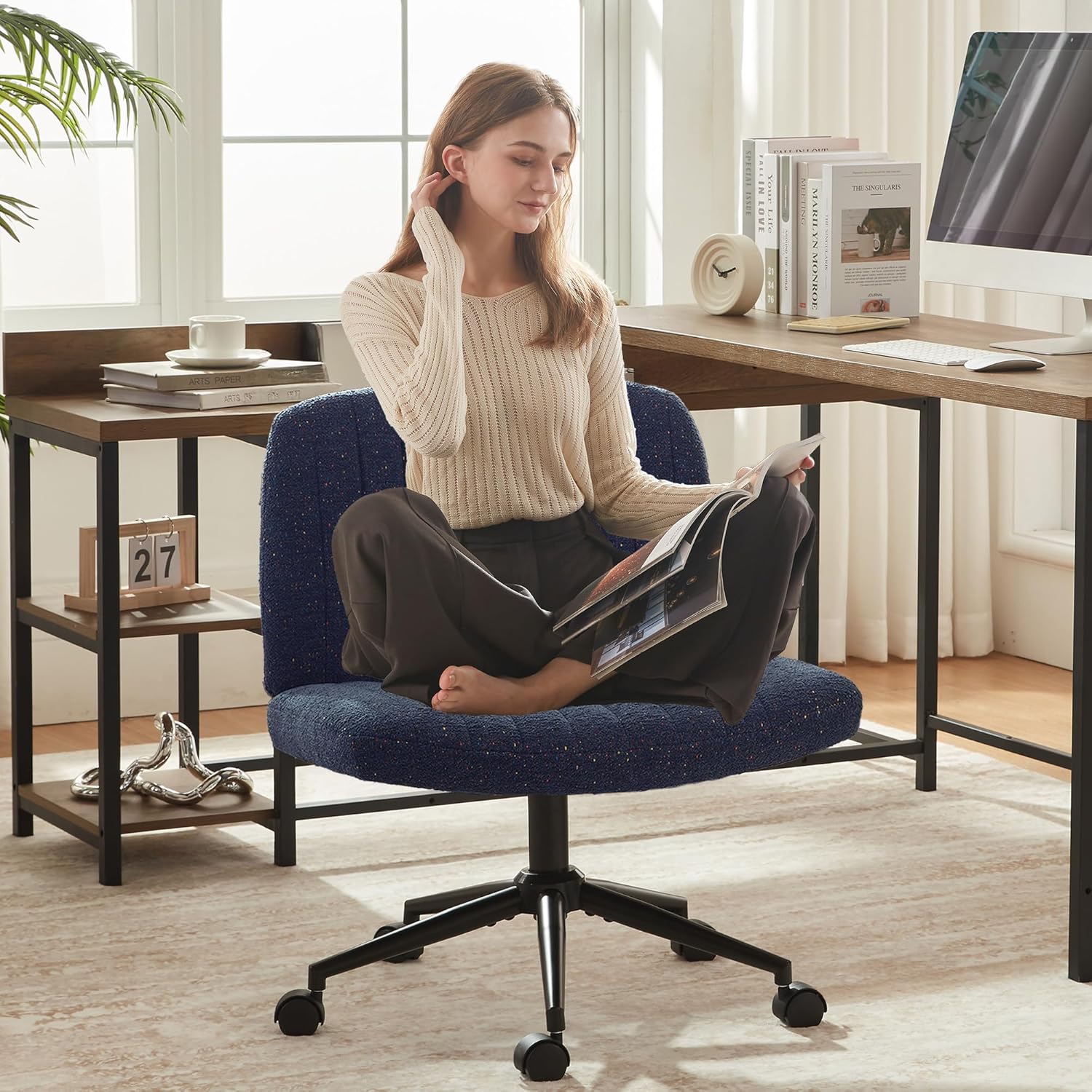 Dowinx Criss Cross Chair with Wheels, Preminum Fabric and Pocket Spring Cushion, Adjustable Swivel Wide Seat Computer Chair, Morden Design Vanity Chair Blue