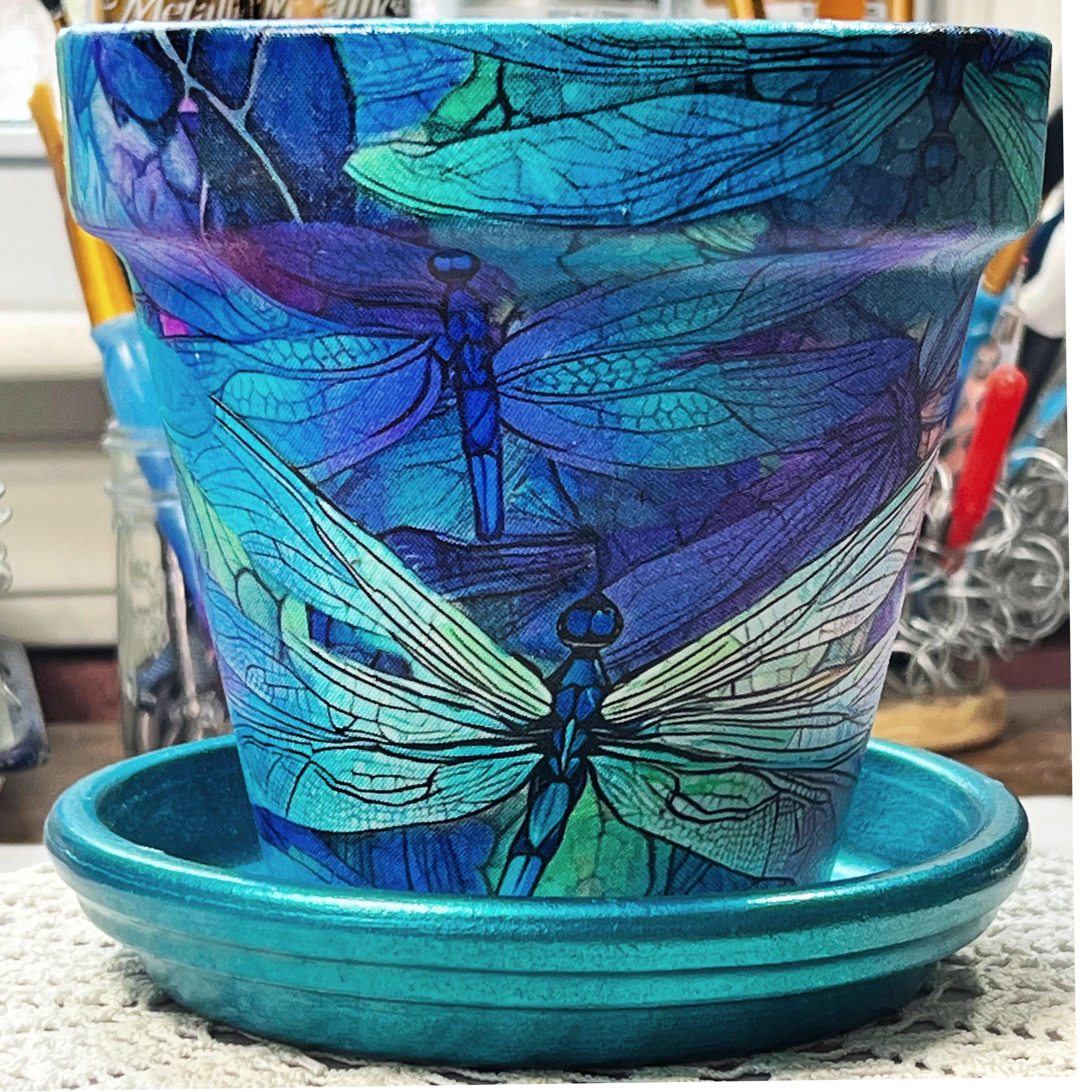 Terra Cotta Flower Pot: Dance of The Dragonflies In Blue and Green Handcrafted Gift For Gardener
