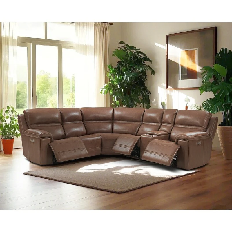 121 W Genuine Leather Dual-Power Sectional Sofa with Two Consoles, Zero Gravity, UsB & Type-c Ports and1 Power armless chair