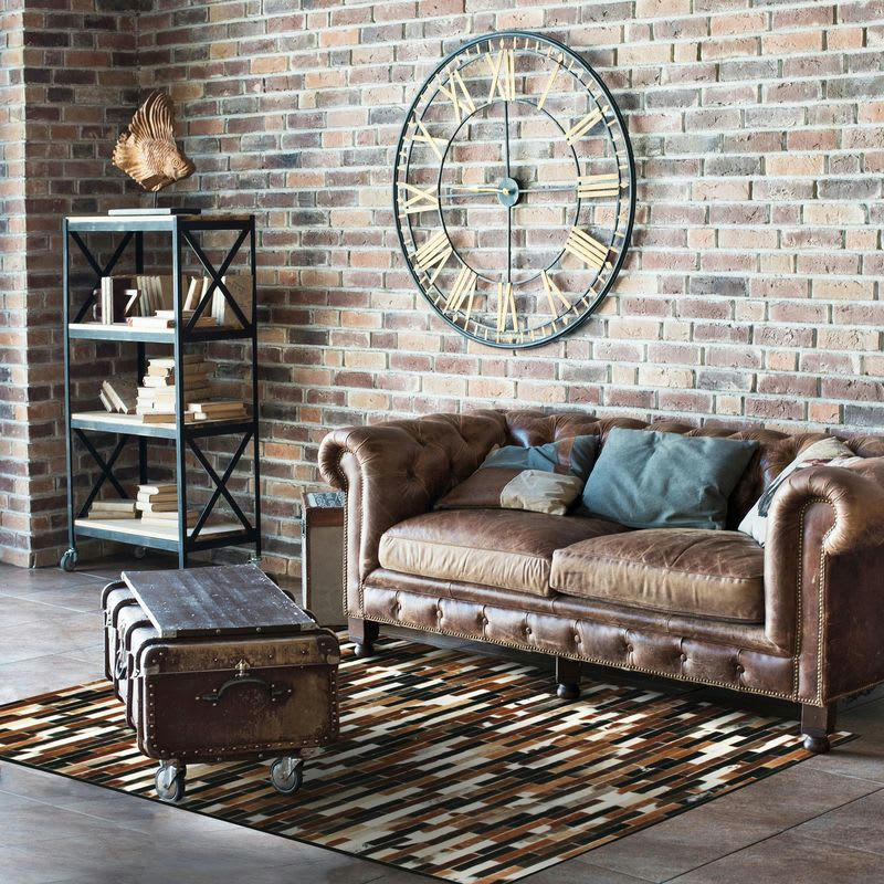 CUIR - Tapis en cuirs recyclés lignes marron multi 140x200