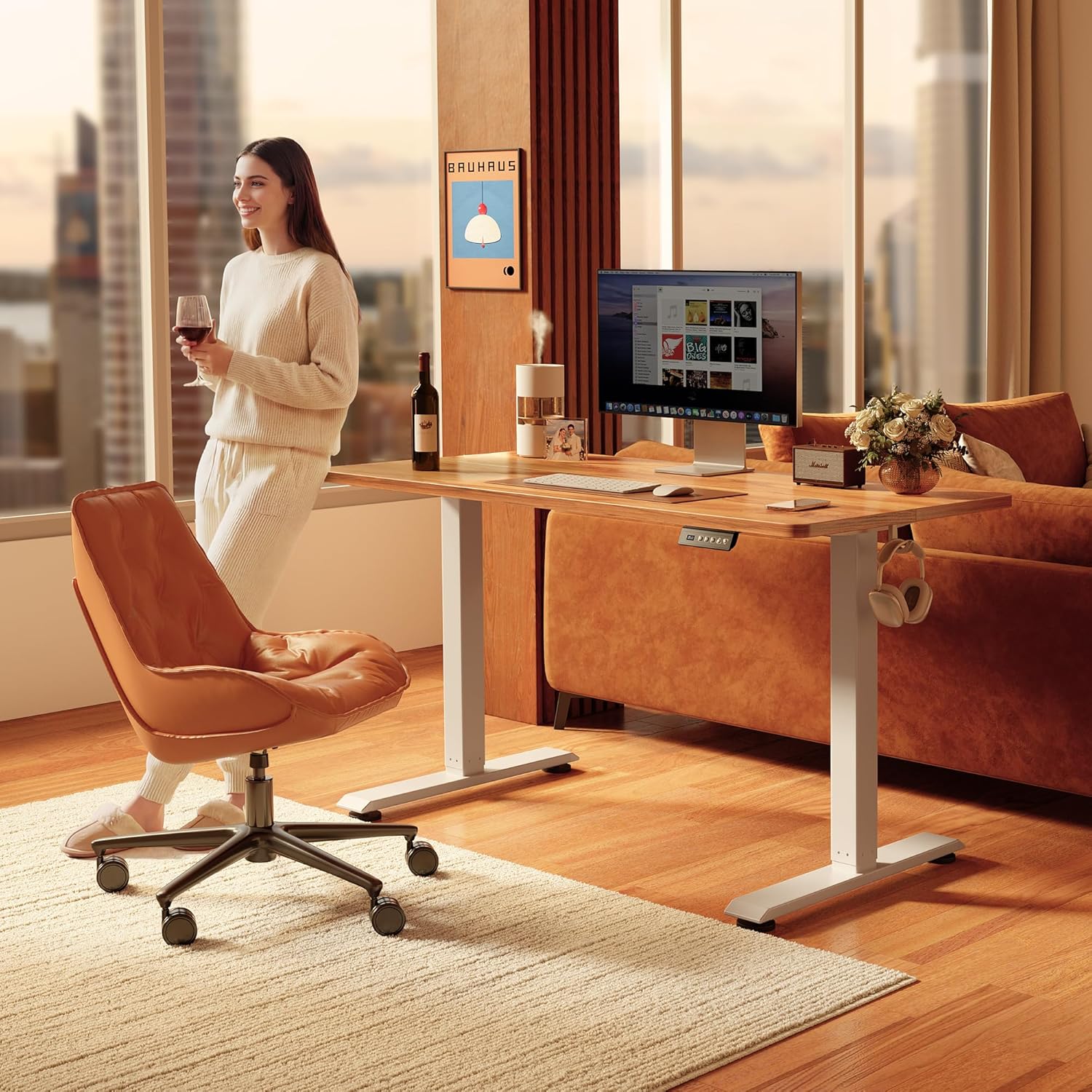 FEZIBO Standing Desk, 55 × 24 Inches Electric Height Adjustable, Sit and Stand Up, Computer Office Desk with Splice Board, Light Rustic