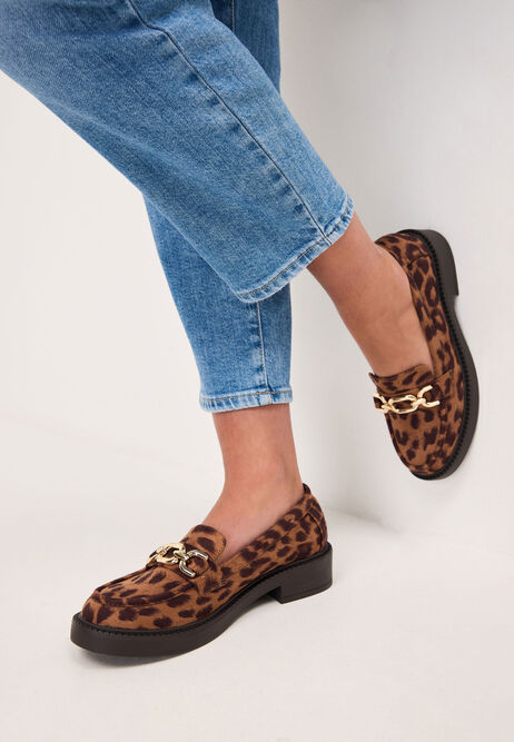 Womens Brown Leopard Print Chain Trim Chunky Loafers