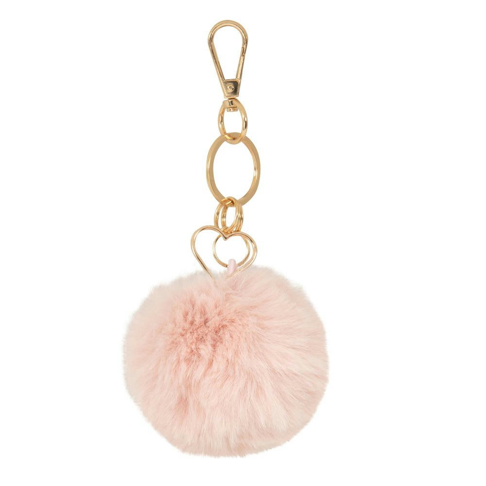 POMPON - Porte-clés pompon imitation fourrure rose et breloques dorées