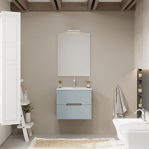 Meuble De Salle De Bain Suspendu 60Cm Chêne Naturel Et Façade Bleu Mat - Magnolia