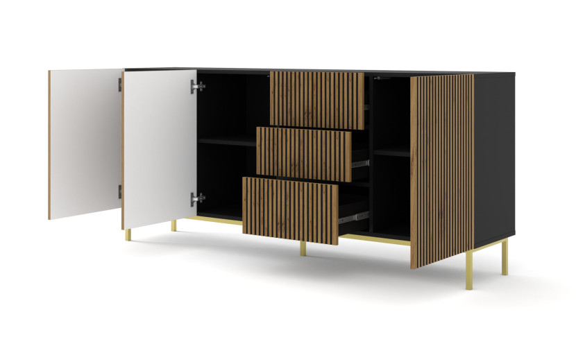 Komoda RAVENNA F 200 cm 3D3S czarny dąb artisan   RAMA ZŁOTA