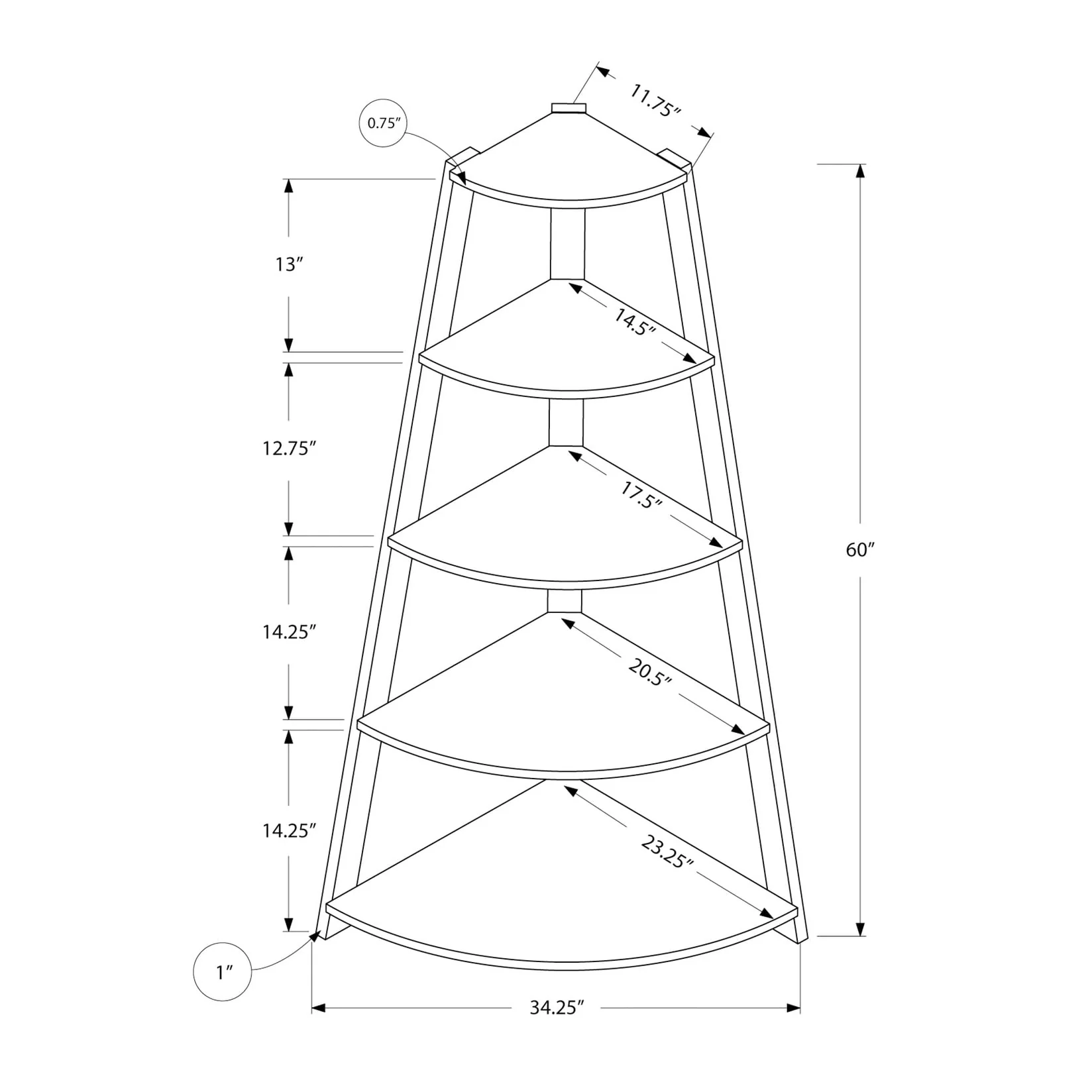 Bookshelf, Bookcase, Etagere, Corner, 4 Tier, 60h, Office, Bedroom, Laminate, Contemporary, Modern