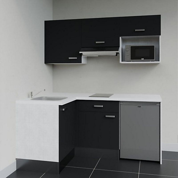 Kitchenette KA03 façades Noir - Plan de travail Blanc - Crédences : Non - Evier inox - Electroménager Inox inclus