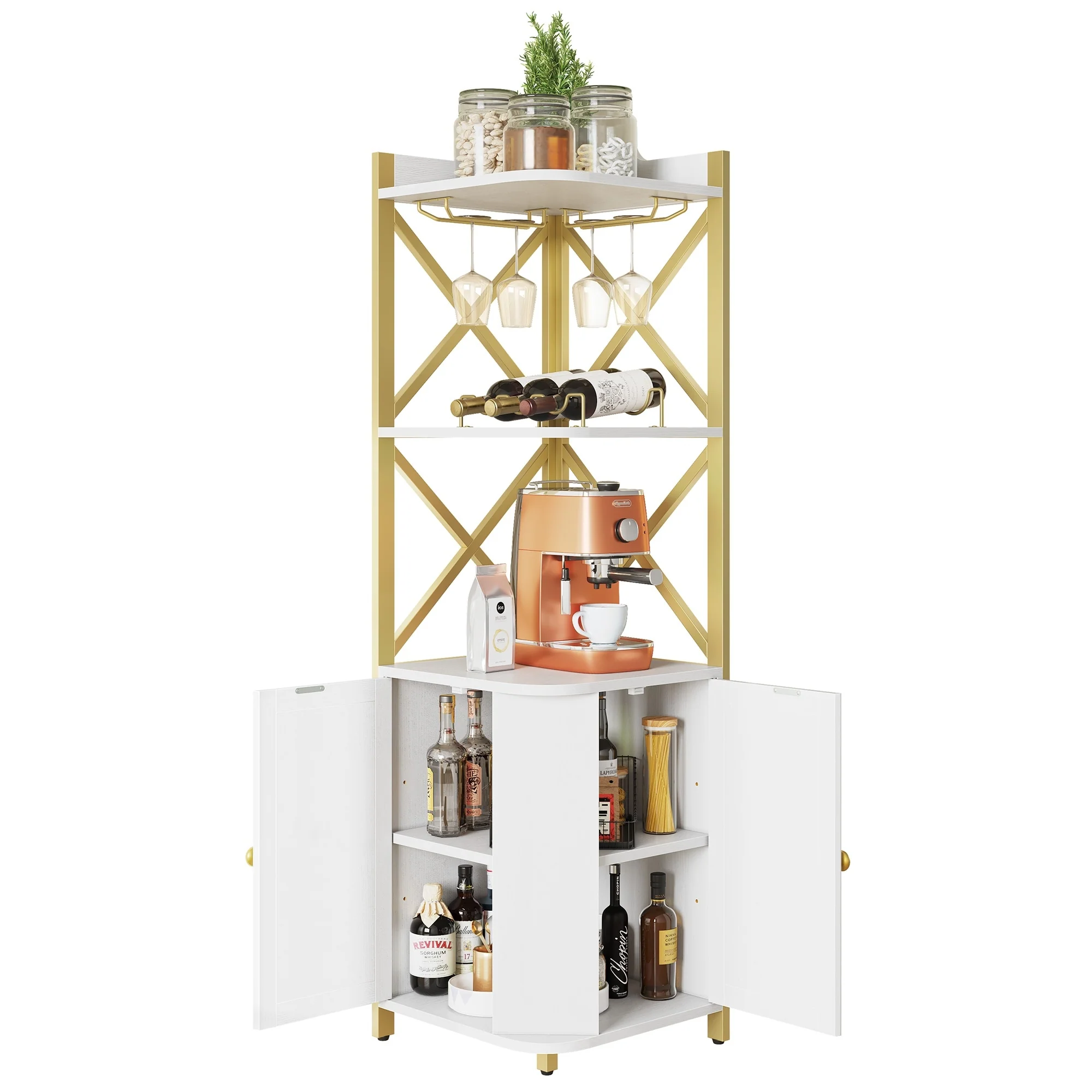 Moasis 5-Tiers Corner Bar Cabinet with Glass & Wine Holder Liquor Cabinet Storage