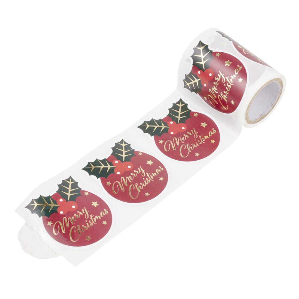étiquette autocollante No&euml;l x50 houx Merry Christmas rouge thème fantasia 5x5cm