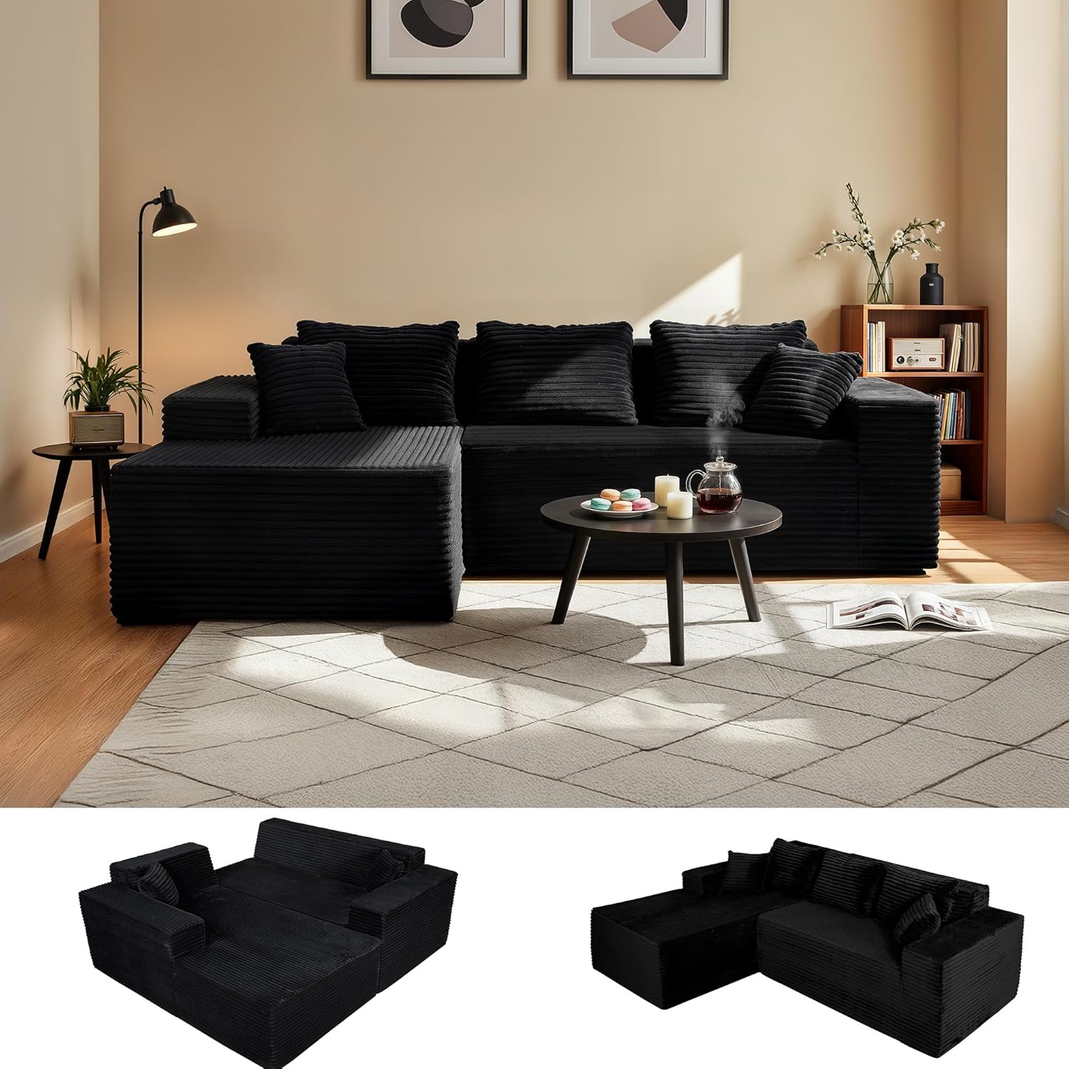Claiks 110 Boneless Couch, Cloud Couch Sectional, L-Shape Corduroy Modular Sectional Sofa Deep Seat, Upholstered Couches for Living Room, No Assembly Required, Black, Left Facing Chaise