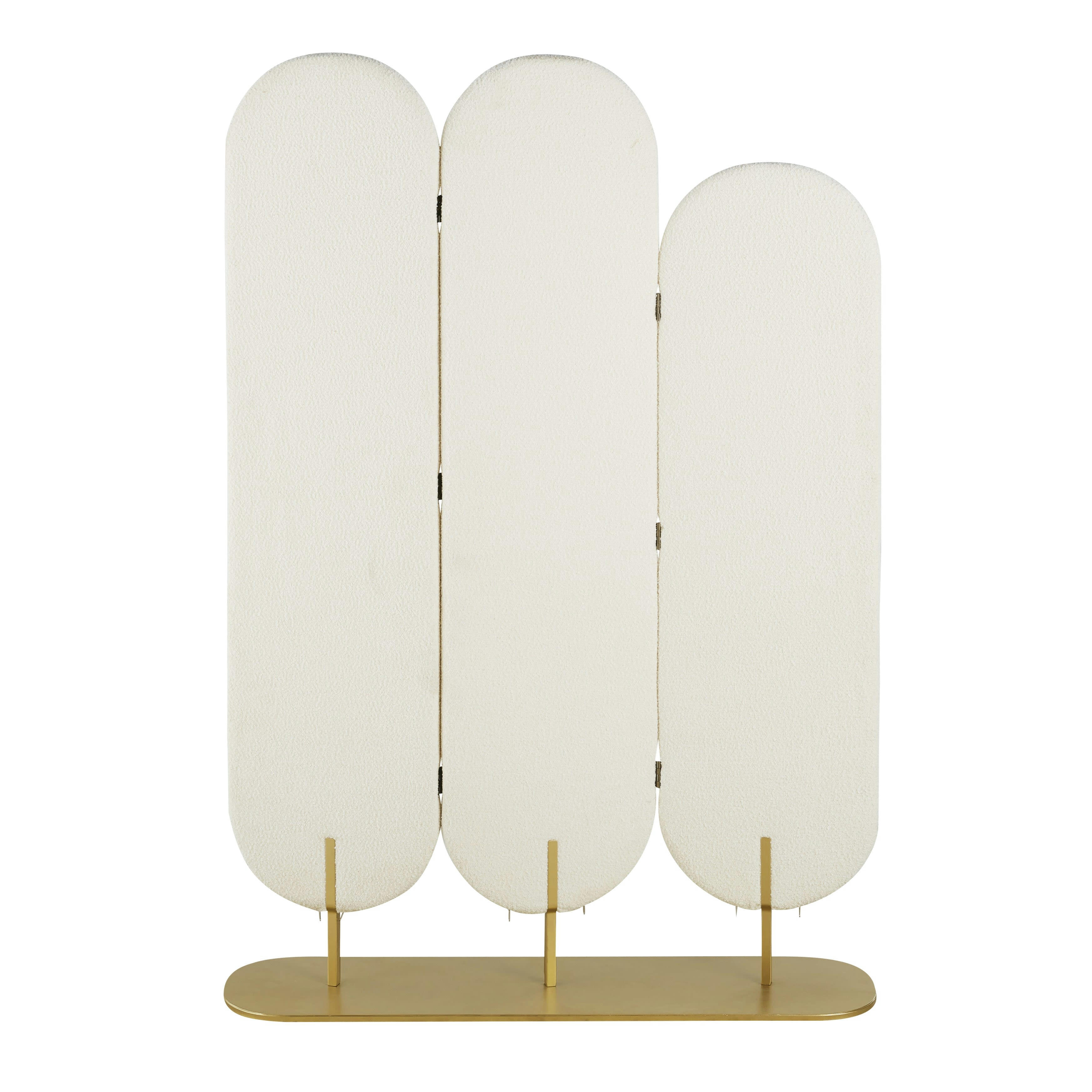 IRIS - Paravent en tissu effet laine bouclée écru et en métal doré