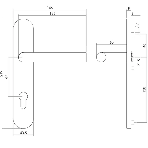 Türdrücker, 219x40,5x9 mm PZ92 mm
