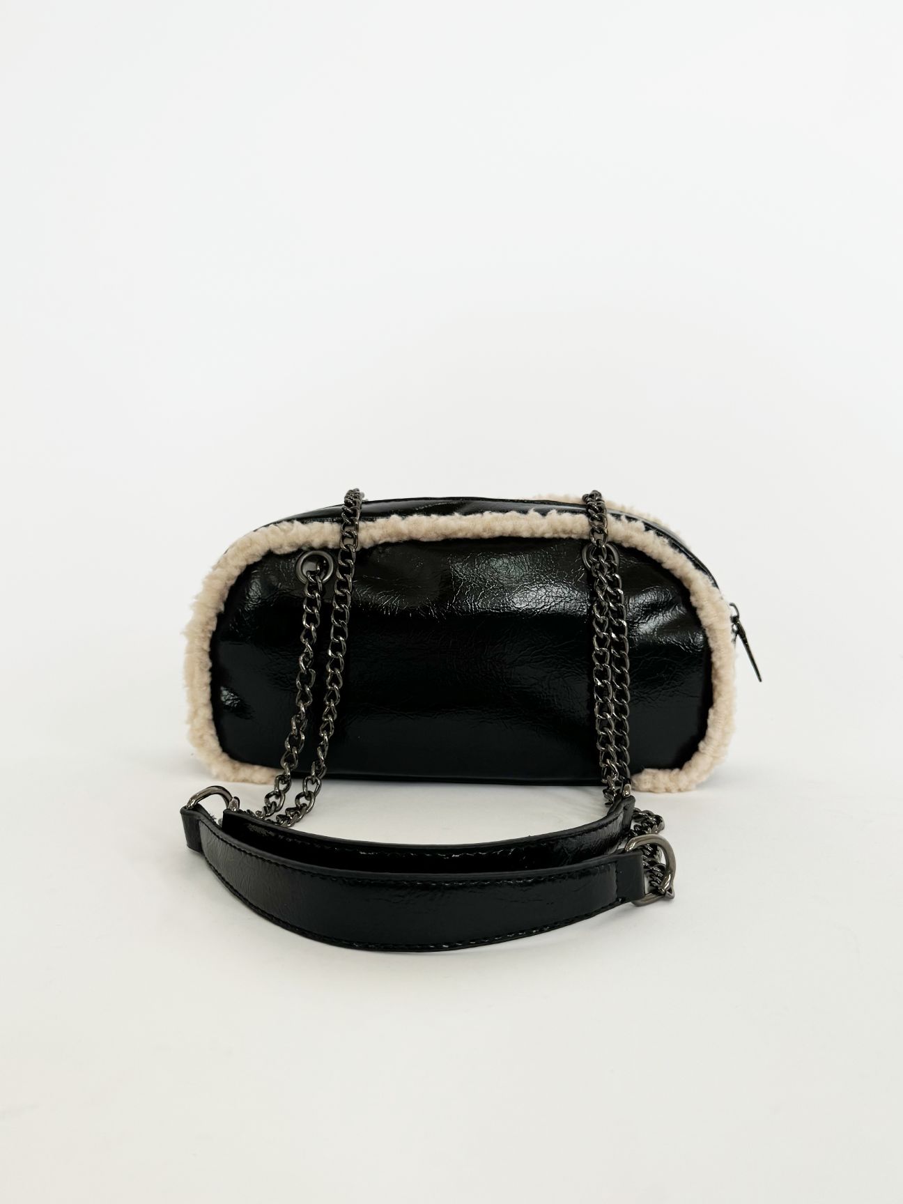 SVNX Patent Shoulder Bag with Borg Fur Trim