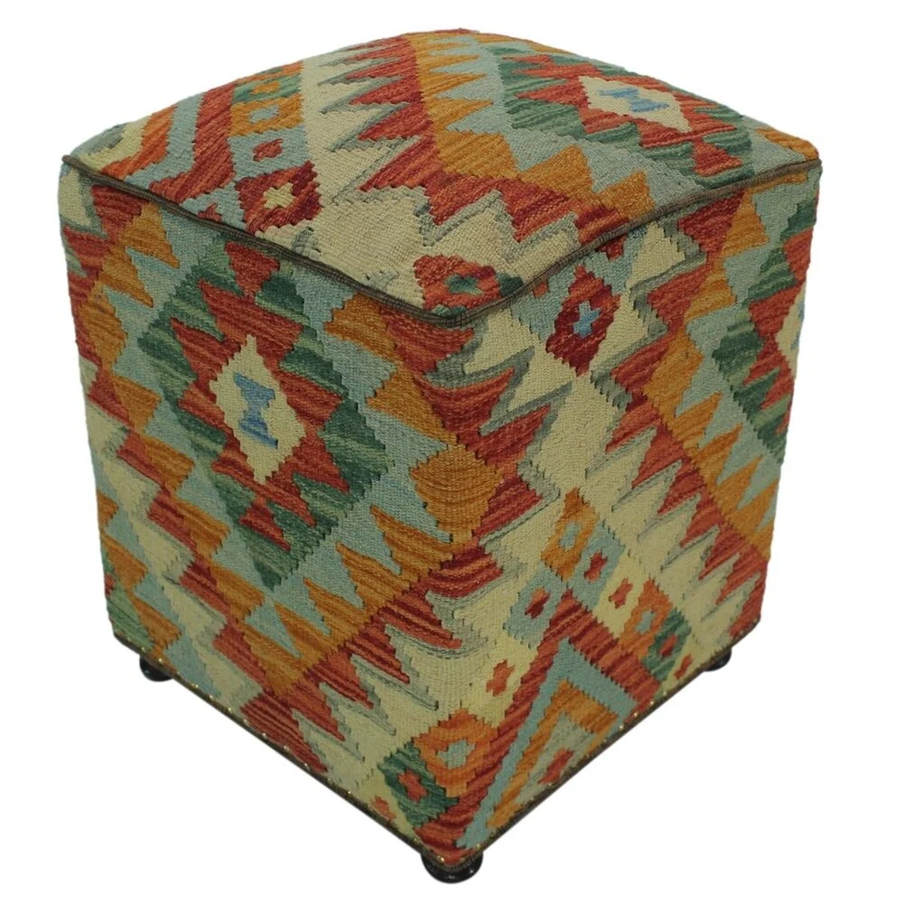 Calderon Rust/Ivory Handmade Kilim Upholstered Ottoman 16x16x20