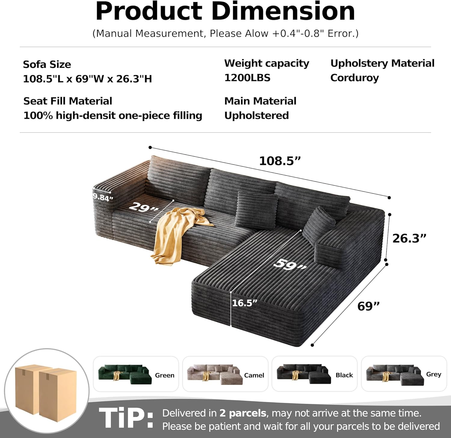 108.2 Modular Sectional Sofa with Deep Seat, Boneless L Shaped Corduroy Couch Modern Comfort, Cloud Couch Oversized for Living Room No Assembly (Right Facing Chaise,Gray)