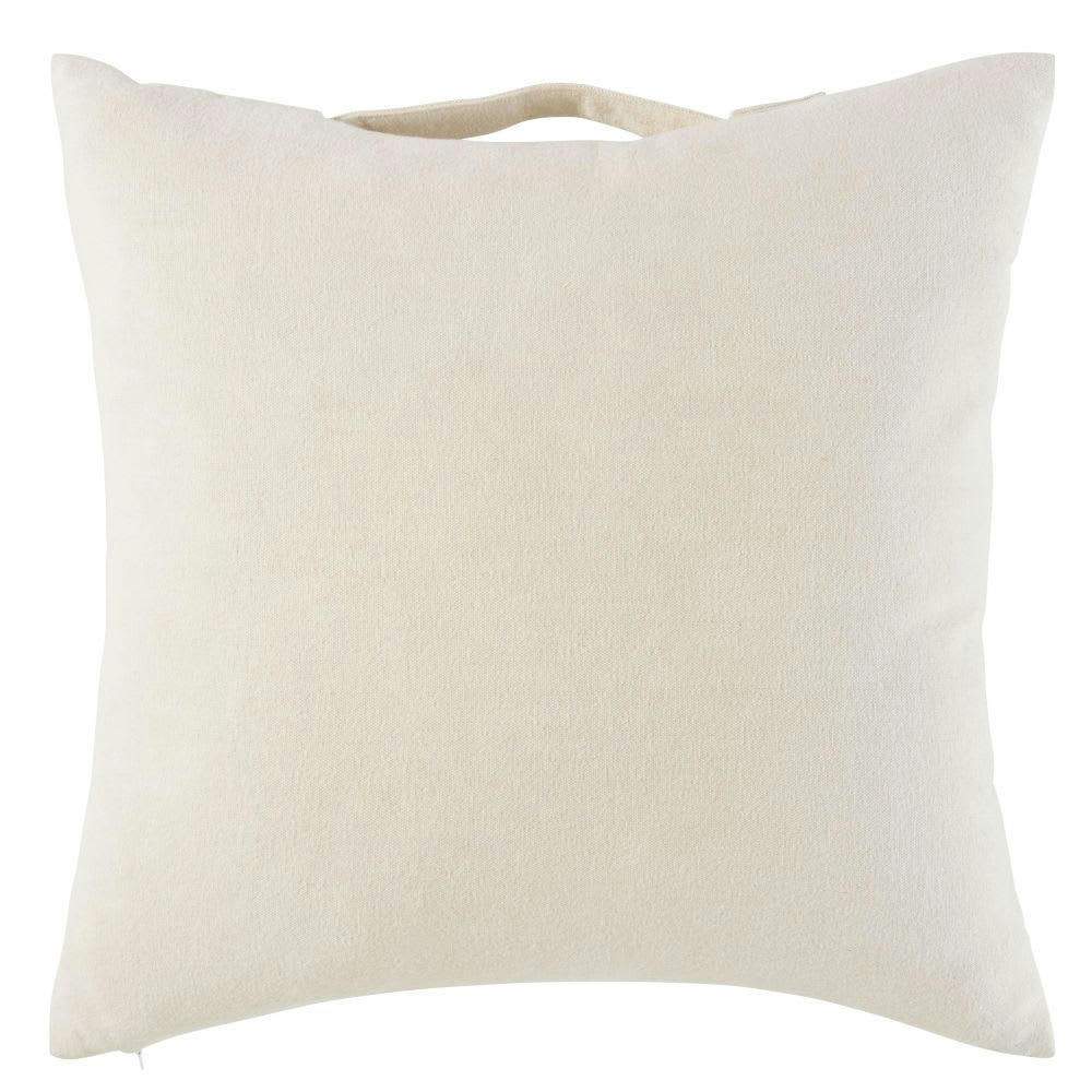 WORLD - Coussin en coton beige imprimé carte du monde et cuir 45x45